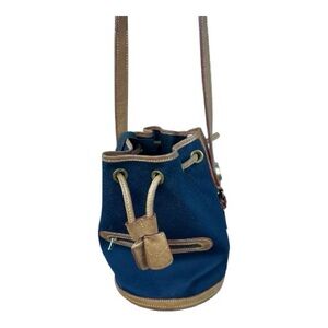 Dooney & Bourke Navy Canvas Mini Drawstring Bucket Bag with Tan Trim